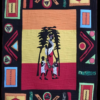 Ethnic art quilt: Black background, geometric patterns. Family walking through African scenery.