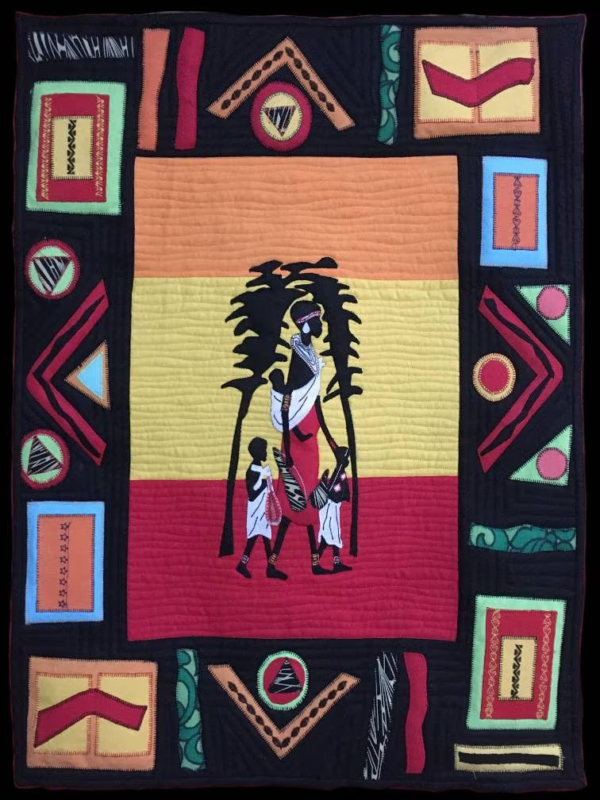 Ethnic art quilt: Black background, geometric patterns. Family walking through African scenery.