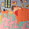 A vibrant art quilt recreating Vincent van Gogh's iconic "Bedroom in Arles" painting.