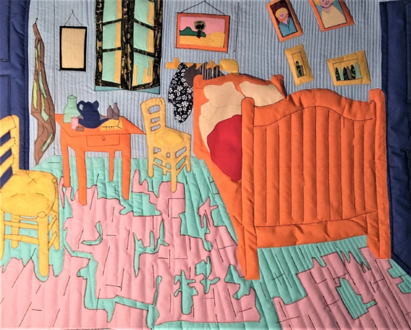 A vibrant art quilt recreating Vincent van Gogh's iconic "Bedroom in Arles" painting.