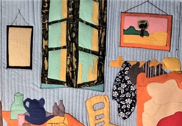 A close-up of the Bedroom in Arles Quilt Art by Fibre Artist Wendy Mosdell.