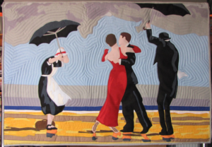 A couple dancing on a rainy beach being protected from the rain by a maid and a butler.