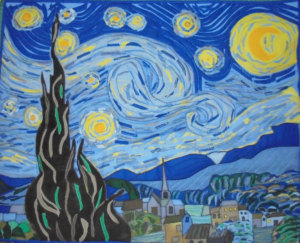 Wendy Mosdell's "Starry Night" - A handmade art quilt capturing van Gogh's masterpiece in vibrant blues and yellows