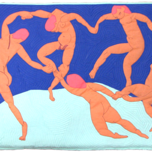 Art quilt inspired by Matisse's "The Dance." Five figures are dancing in a circle against a vibrant blue background.