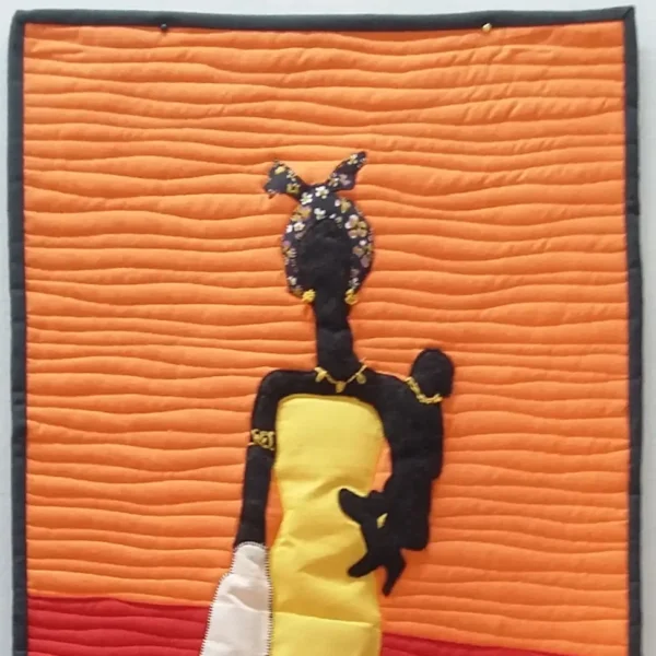 Cropped Art quilt depicting a woman in a yellow dress with a child on her hip.