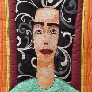 Bulgarian folk-art quilt of a woman with spiralling black and white hair.